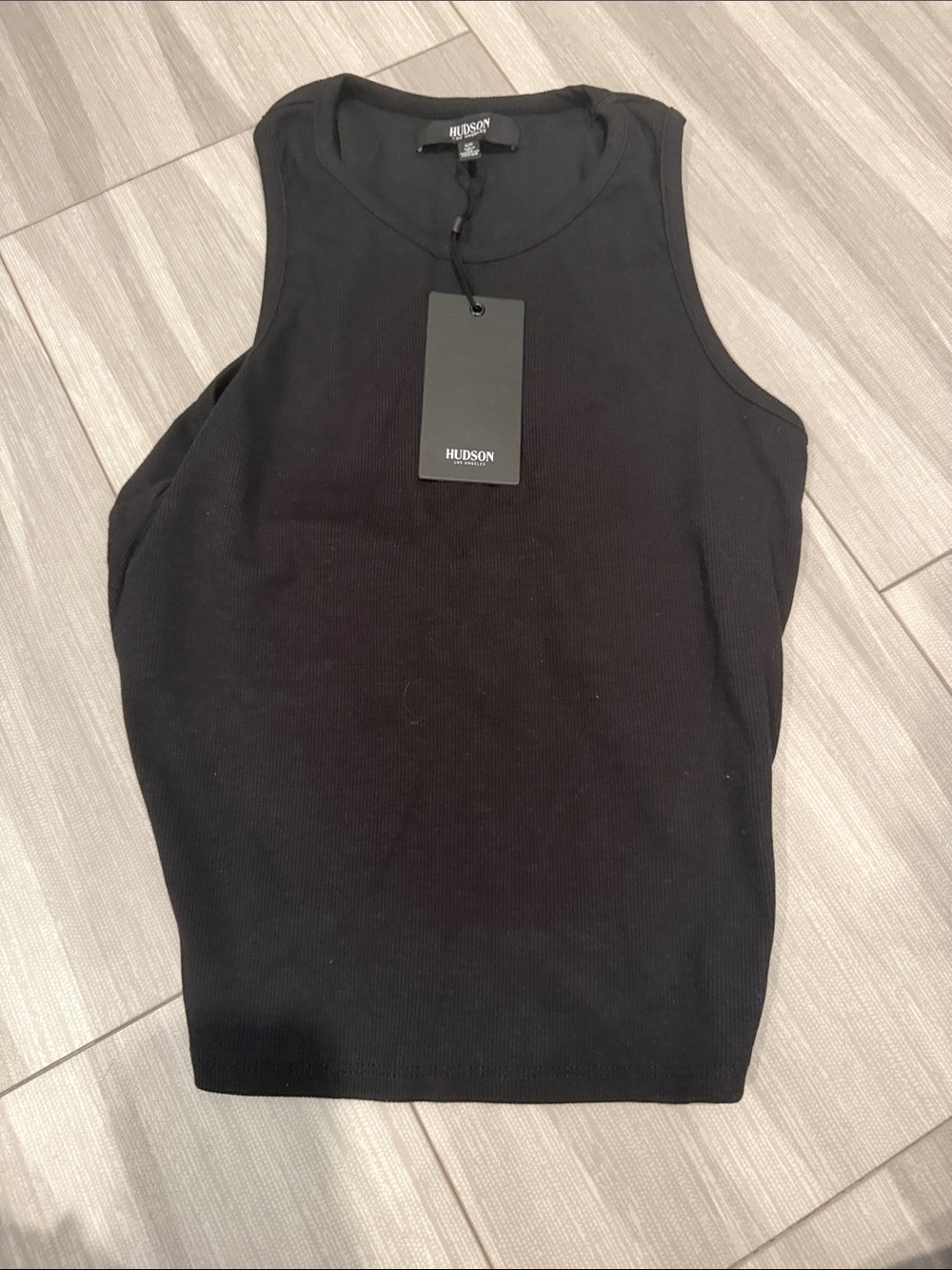 Hudson Jeans Black Ribbed Crewneck Tank with half open back